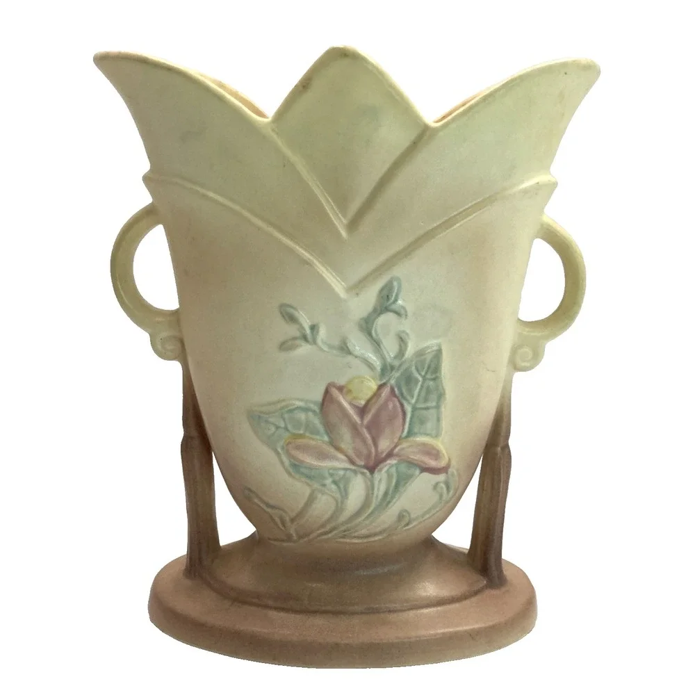 Vtg Hull Magnolia Art Pottery Double Handle Yellow to Pink Vase 8.5